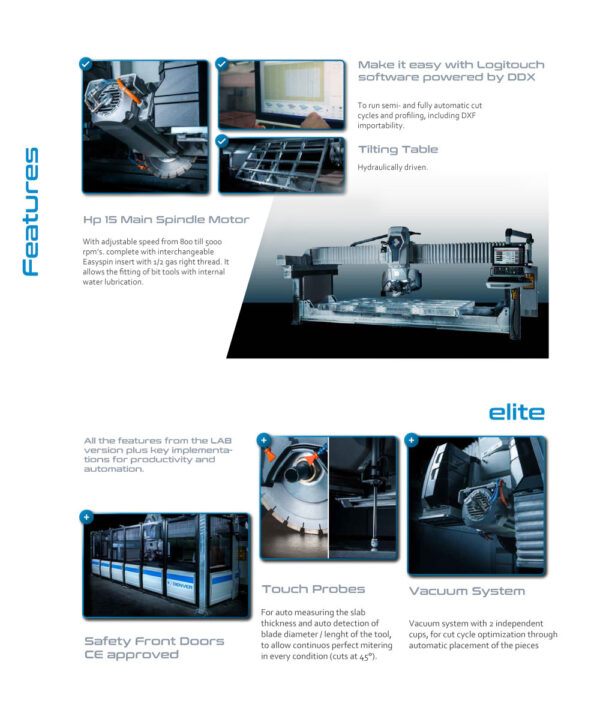 5 axes universal cutting center, monobloc bridge saw for stone CNC FORMULA LAB l ELITE l Denver features